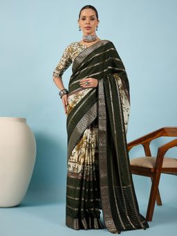 Akhilam - Women Viscose Silk Dark Green Printed Saree with Unstitched Blouse