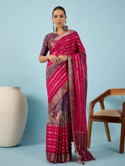 Akhilam - Women Viscose Silk Pink Printed Saree with Unstitched Blouse