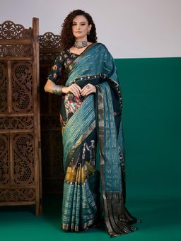 Akhilam - Women Viscose Silk Teal Blue Printed Saree with Unstitched Blouse