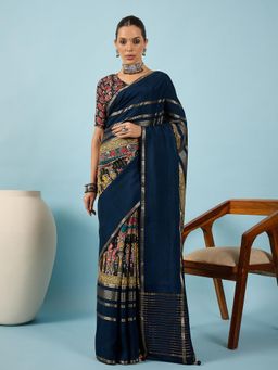Akhilam - Women Viscose Silk Navy Blue Printed Saree with Unstitched Blouse