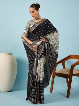 Akhilam - Women Viscose Silk Black Printed Saree with Unstitched Blouse
