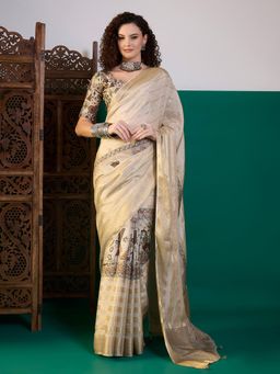 Akhilam - Women Viscose Silk Cream Printed Saree with Unstitched Blouse
