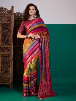 Akhilam - Women Viscose Silk Multi-Color Printed Saree with Unstitched Blouse