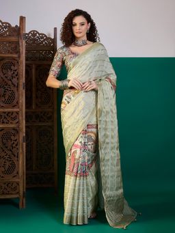 Akhilam - Women Viscose Silk Sea Green Printed Saree with Unstitched Blouse