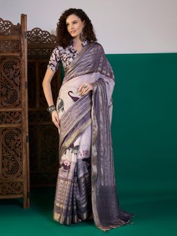 Akhilam - Women Viscose Silk Lavender Printed Saree with Unstitched Blouse