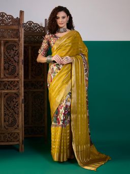 Akhilam - Women Viscose Silk Mustard Printed Saree with Unstitched Blouse
