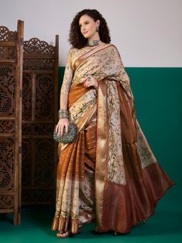 Akhilam - Women Viscose Silk Rust Printed Saree with Unstitched Blouse