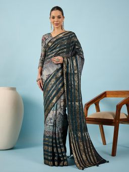 Akhilam - Women Viscose Silk Dark Blue Printed Saree with Unstitched Blouse