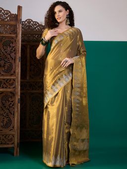Akhilam - Women Linen Gold Woven Design Saree with Unstitched Blouse