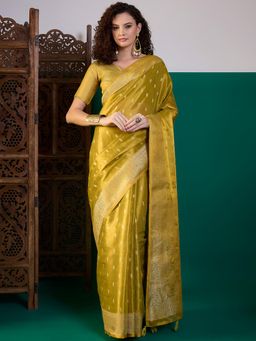 Akhilam - Women Linen Olive Woven Design Saree with Unstitched Blouse