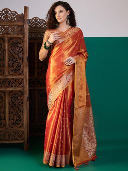 Akhilam - Women Linen Orange Woven Design Saree with Unstitched Blouse