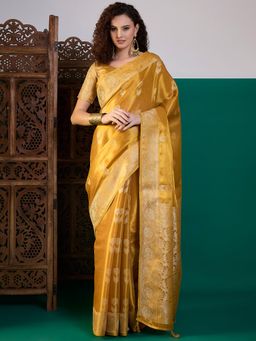 Akhilam - Women Linen Yellow Woven Design Saree with Unstitched Blouse