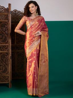 Akhilam - Women Linen Orange Woven Design Saree with Unstitched Blouse