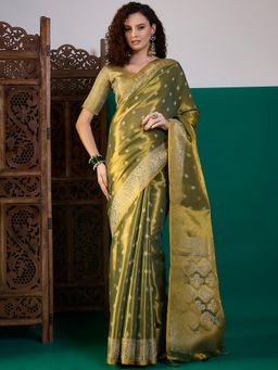 Akhilam - Women Linen Olive Woven Design Saree with Unstitched Blouse