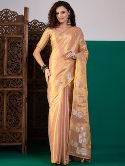 Akhilam - Women Linen Peach Woven Design Saree with Unstitched Blouse
