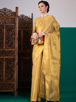 Akhilam - Women Linen Yellow Woven Design Saree with Unstitched Blouse