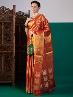 Akhilam - Women Linen Orange Woven Design Saree with Unstitched Blouse