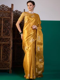 Akhilam - Women Linen Yellow Woven Design Saree with Unstitched Blouse