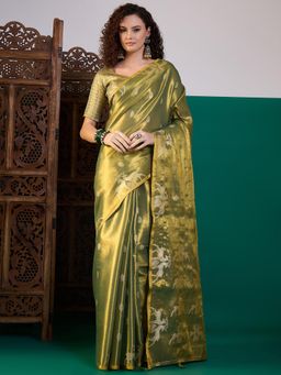Akhilam - Women Linen Olive Woven Design Saree with Unstitched Blouse