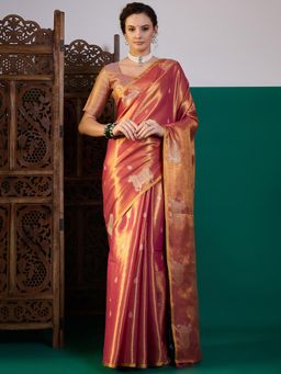 Akhilam - Women Linen Rose Gold Woven Design Saree with Unstitched Blouse
