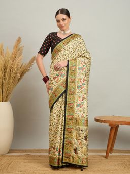 Akhilam - Women Silk Blend Black Cream Digital Printed Saree with Unstitched Blouse