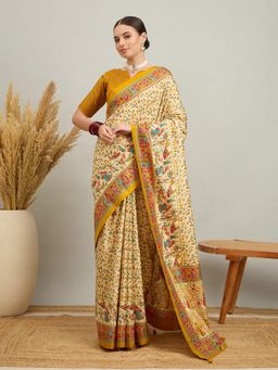 Akhilam - Women Silk Blend Mustard Cream Digital Printed Saree with Unstitched Blouse