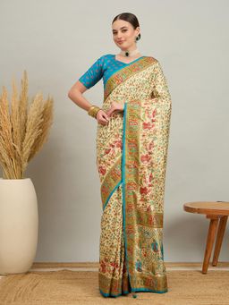 Akhilam - Women Silk Blend Blue Cream Digital Printed Saree with Unstitched Blouse