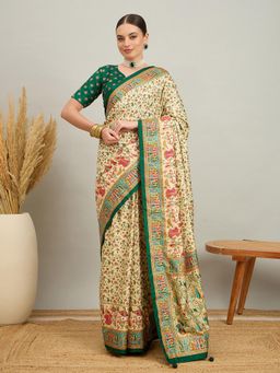 Akhilam - Women Silk Blend Green Cream Digital Printed Saree with Unstitched Blouse