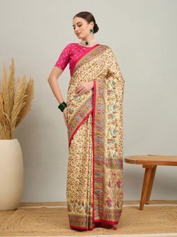 Akhilam - Women Silk Blend Pink Cream Digital Printed Saree with Unstitched Blouse