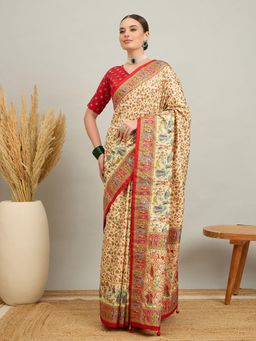Akhilam - Women Silk Blend Red Cream Digital Printed Saree with Unstitched Blouse