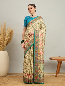 Akhilam - Women Silk Blend Blue Cream Digital Printed Saree with Unstitched Blouse