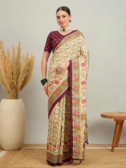 Akhilam - Women Silk Blend Wine Cream Digital Printed Saree with Unstitched Blouse