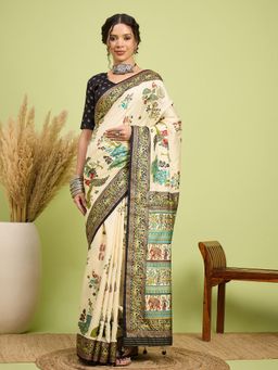 Akhilam - Women Silk Blend Black Cream Digital Printed Saree with Unstitched Blouse