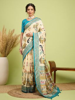 Akhilam - Women Silk Blend Blue Cream Digital Printed Saree with Unstitched Blouse