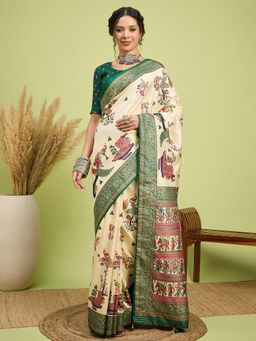 Akhilam - Women Silk Blend Green Cream Digital Printed Saree with Unstitched Blouse