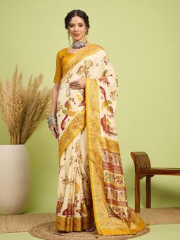Akhilam - Women Silk Blend Yellow Cream Digital Printed Saree with Unstitched Blouse
