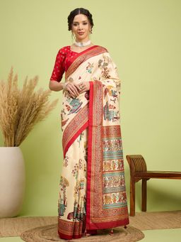 Akhilam - Women Silk Blend Red Cream Digital Printed Saree with Unstitched Blouse