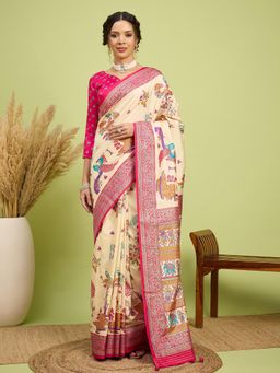 Akhilam - Women Silk Blend Pink Cream Digital Printed Saree with Unstitched Blouse