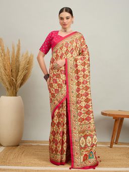 Akhilam - Women Silk Blend Pink Cream Digital Printed Saree with Unstitched Blouse