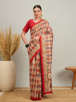 Akhilam - Women Silk Blend Red Cream Digital Printed Saree with Unstitched Blouse