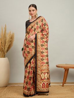 Akhilam - Women Silk Blend Black Cream Digital Printed Saree with Unstitched Blouse