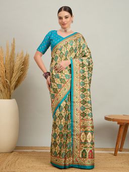 Akhilam - Women Silk Blend Blue Cream Digital Printed Saree with Unstitched Blouse