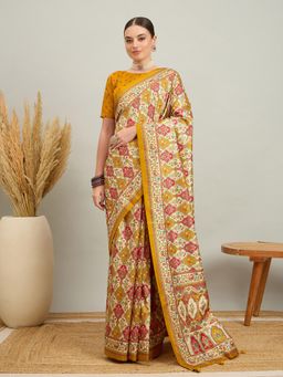 Akhilam - Women Silk Blend Mustard Cream Digital Printed Saree with Unstitched Blouse