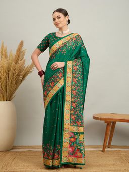 Akhilam - Women Silk Blend Dark Green Digital Printed Saree with Unstitched Blouse