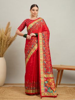 Akhilam - Women Silk Blend Red Digital Printed Saree with Unstitched Blouse