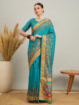 Akhilam - Women Silk Blend Light Blue Digital Printed Saree with Unstitched Blouse