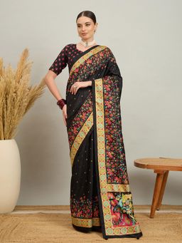 Akhilam - Women Silk Blend Black Digital Printed Saree with Unstitched Blouse