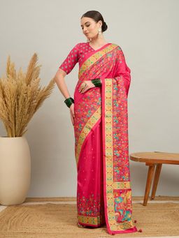 Akhilam - Women Silk Blend Pink Digital Printed Saree with Unstitched Blouse