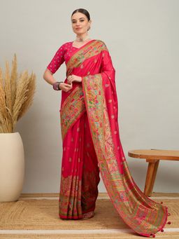 Akhilam - Women Silk Blend Pink Digital Printed Saree with Unstitched Blouse