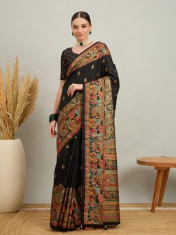 Akhilam - Women Silk Blend Black Digital Printed Saree with Unstitched Blouse
